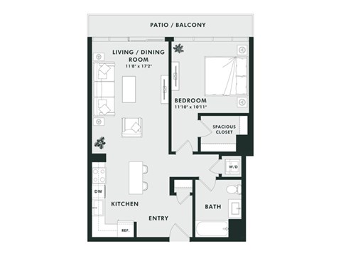 A floor plan of a small apartment with a living room, dining room, kitchen, bathroom, bedroom and a spacious closet.